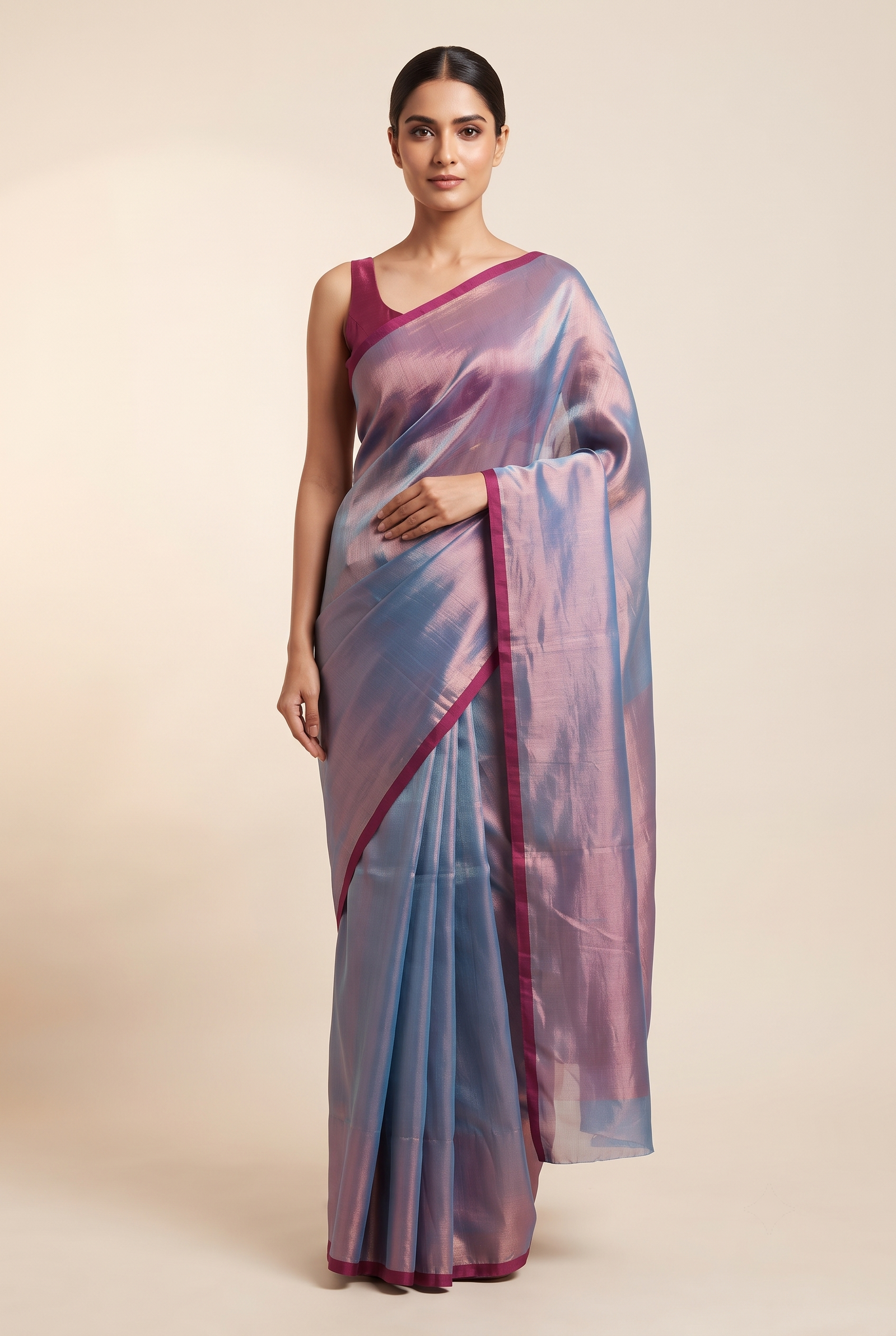 Women’s Blue & Pink Shimmer Saree with Contrast Border