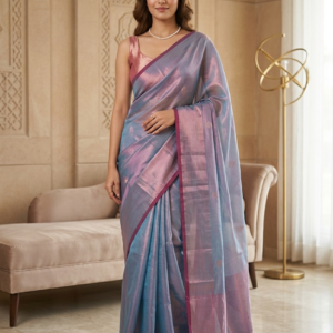 Women’s Blue & Pink Shimmer Saree with Contrast Border