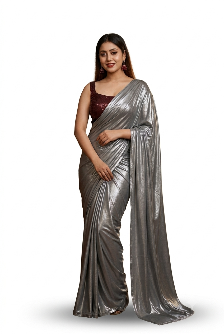 Silver Metallic Shimmer Saree for Women