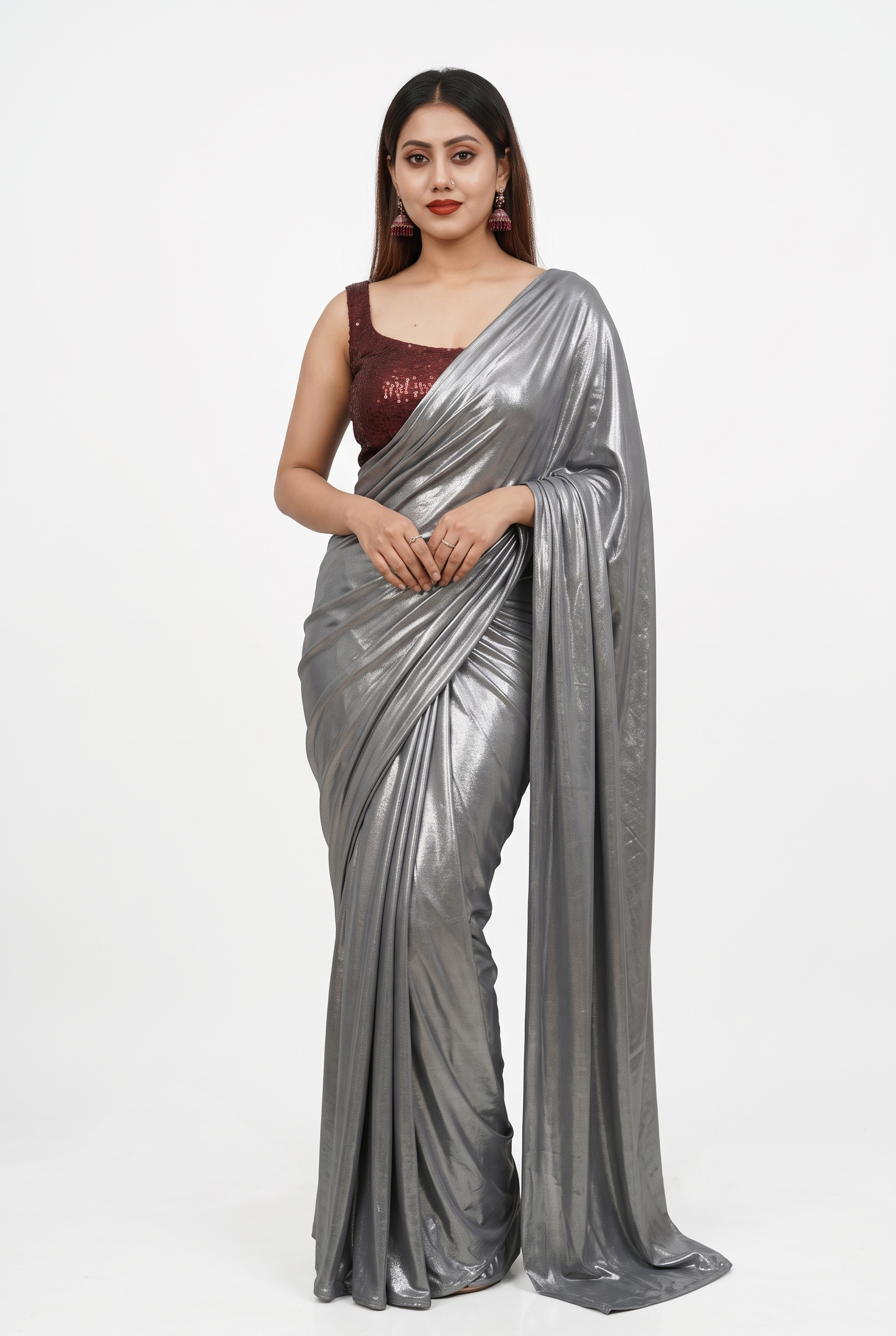 Silver Metallic Shimmer Saree for Women